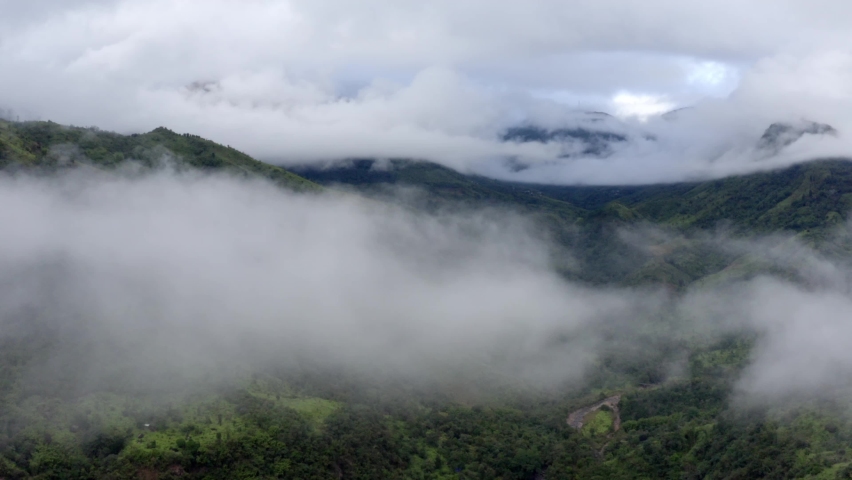 Flying Through Clouds Over Khasi Hills On Shillong Plateau In Meghalaya State of India. Aerial Drone Shot Royalty-Free Stock Footage #1093072231