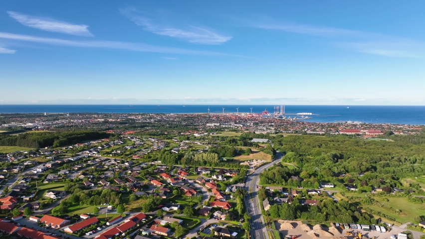 On a sunny evening, a panoramic view of Frederikshavn, Denmark.