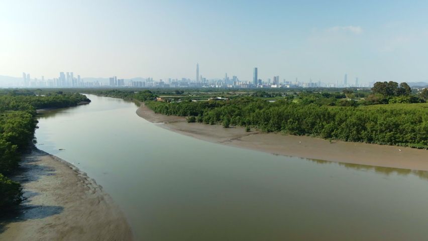 Drone flight reveals aquaculture industry in Hong Kong, Shenzhen in background