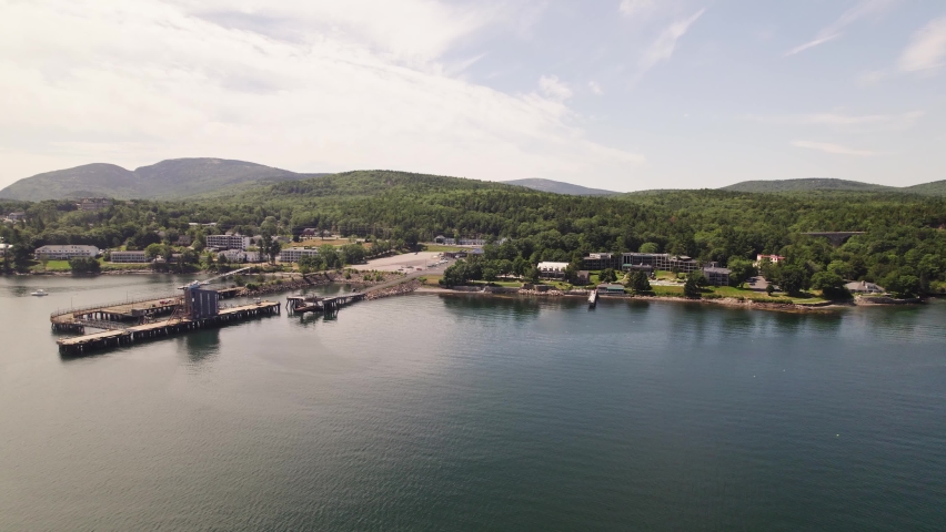 Aerial Shot of Maine Coast with Acadia National Park in Background - Bar Harbor, Maine