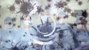 Animation of scope and covid 19 cells over diverse surgeons wearing face masks in operating theatre. global covid 19 pandemic, medicine and healthcare services concept digitally generated video. - Powered by Shutterstock - Get 15% off with code: PIKWIZARD15
