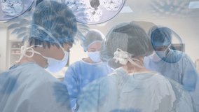 Animation of covid 19 cells over diverse surgeons wearing face masks in operating theatre. global covid 19 pandemic, medicine and healthcare services concept digitally generated video.