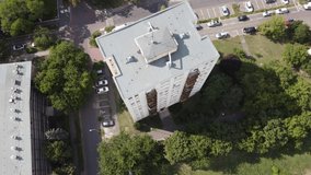 An adventurous summer drone footage above a Eastern European style building in Hungary. This type of building fits in every communist or post-communist style video. 