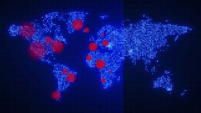 Global map of the world. Blue world map with red flashing dots, network signals. The concept of information, disease, pandemic virus or cataclysms spreading around the world. - Powered by Shutterstock - Get 15% off with code: PIKWIZARD15