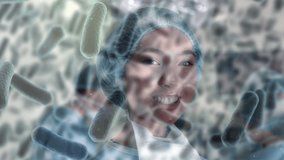 Animation of covid 19 cells over smiling biracial female surgeon in operating theatre. global covid 19 pandemic, medicine and healthcare services concept digitally generated video. - Powered by Shutterstock - Get 15% off with code: PIKWIZARD15