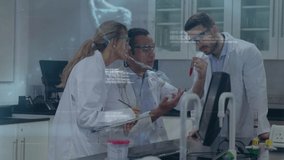 Animation of data processing over diverse scientists in laboratory. global science, data processing and connections concept digitally generated video. - Powered by Shutterstock - Get 15% off with code: PIKWIZARD15
