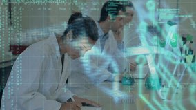 Animation of computer circuit board, dna strand and data over diverse scientists in laboratory. global science, data processing and connections concept digitally generated video. - Powered by Shutterstock - Get 15% off with code: PIKWIZARD15