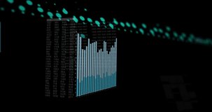 Animation of graphs and data on black background. Data processing, computers, digital screen and technology concept digitally generated video.