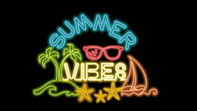 Neon lettering of Summer Vibes. Glowing headline bright neon cursive text of Summer Vibes. 
