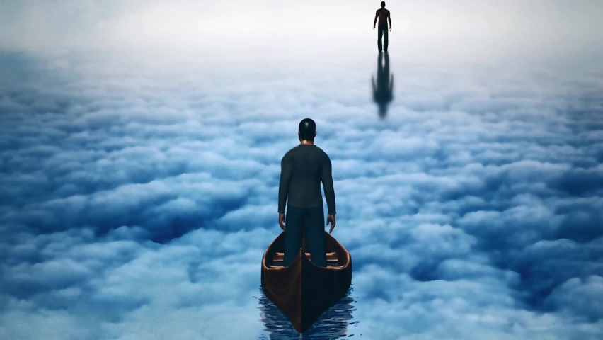 Man in boat in ocean of clouds. Soul journey