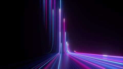 Стоковое видео: 3d animation, abstract black background with pink blue neon lines go up and disappear