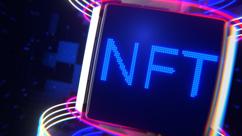 Non-fungible NFT token. NFT on monochrome display. Smoothly rotating cube with a neon inscription. 3D Illustration | Shutterstock HD Video #1093083511