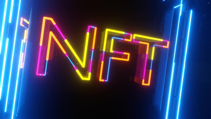 Non-fungible NFT token. Smoothly rotating cube with a neon inscription. 3D Illustration | Shutterstock HD Video #1093083515
