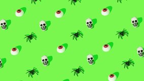 Creative animation made of skull, eye and black spider against green background. Minimal scary Halloween 4K background.