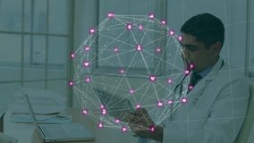 Animation of network of connections an globe over biracial doctor. Global medicine, technology, data processing and digital interface concept digitally generated video.