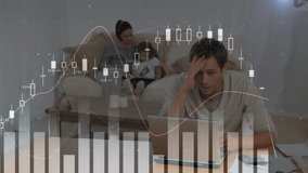 Animation of financial data processing over caucasian couple paying bills. Global business, finances, data processing and digital interface concept digitally generated video. - Powered by Shutterstock - Get 15% off with code: PIKWIZARD15