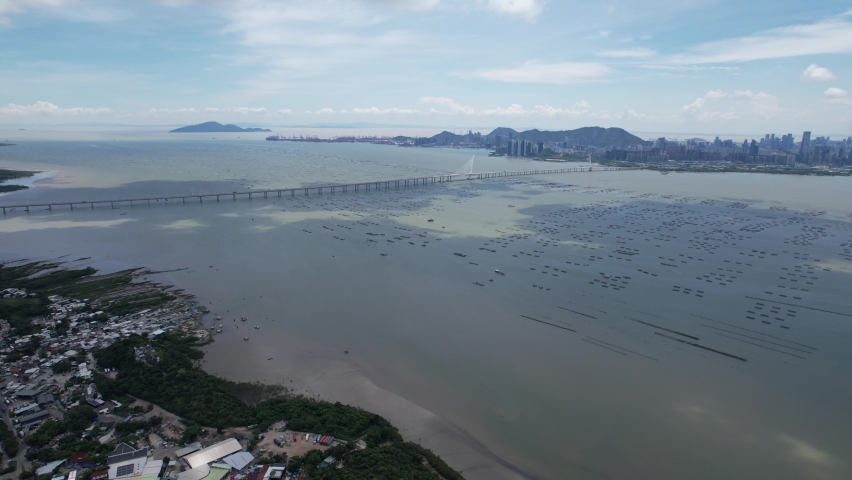 Hong Kong Shenzhen Bay Corridor Bridge, aerial drone skyview | Shutterstock HD Video #1093087235