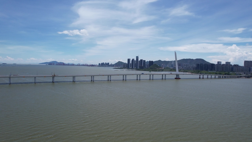 Hong Kong Shenzhen Bay Corridor Bridge, aerial drone skyview | Shutterstock HD Video #1093087239