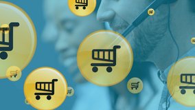 Animation of online shopping icons over diverse business people wearing phone headsets. customer service, digital interface, connections, communication and business concept digitally generated video. - Powered by Shutterstock - Get 15% off with code: PIKWIZARD15