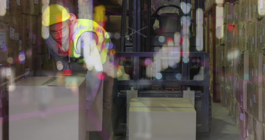 Animation of caucasian male warehouse worker over blurred night city. Business, finance, technology and delivery services concept digitally generated video. | Shutterstock HD Video #1093091923