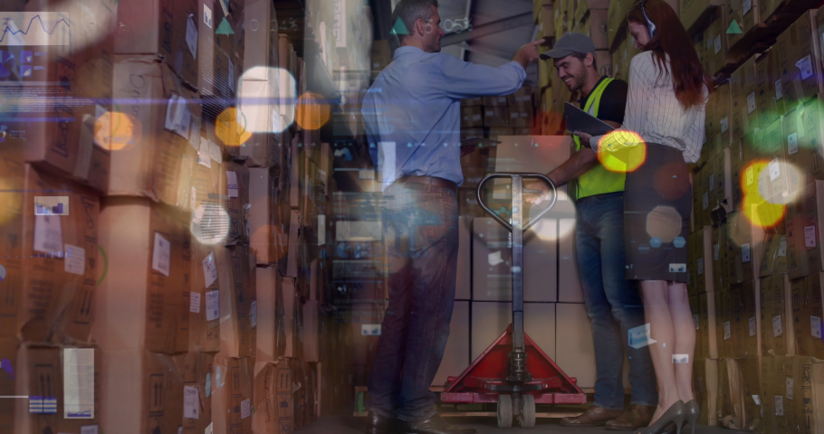 Animation of caucasian female and male warehouse workers blurred night city. Business, finance, technology and delivery services concept digitally generated video. | Shutterstock HD Video #1093092057