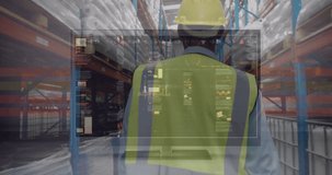 Animation of data on digital screen over back view of male warehouse worker. Business, finance, technology and delivery services concept digitally generated video.