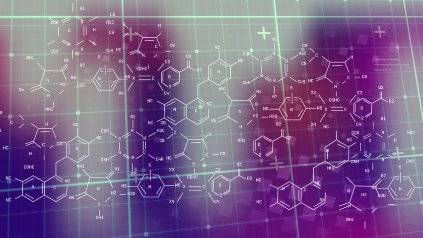 Animation of chemical formulas and data over pink, violet and grey background. Science, chemistry, knowledge and technology concept digitally generated video. - Powered by Shutterstock - Get 15% off with code: PIKWIZARD15