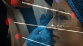 Animation of dna rotating over hands of doctor preparing caucasisn woman to plastic surgery. aesthetic medicine, beauty and plastic surgery concept digitally generated video.