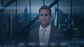 Animation of caucasian businessman, clock and diverse data processing on digital screen. data processing, business, digital interface and technology concept digitally generated video.