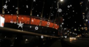 Animation of stars falling over night cityscape. city life and local patriotism concept digitally generated video.