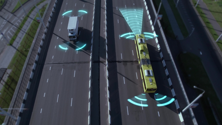 AI remotely controls the bus, scans the road with sensors, and moves along the route on city streets. Concept of a smart city, passenger transportation and selfdriving public transport of the future. | Shutterstock HD Video #1093101519