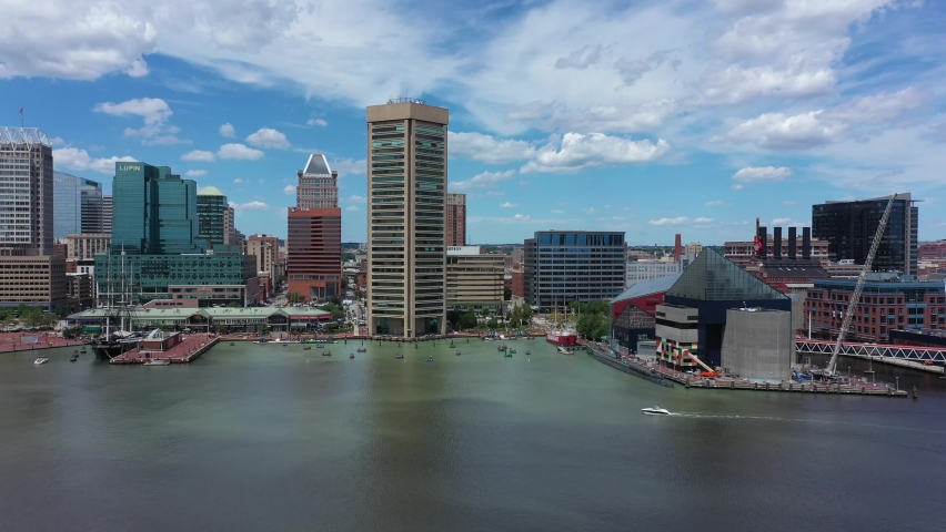 Aerial panoramic view of Baltimore City, Maryland, MD Inner Harbor with buildings, fells point, little italy. | Shutterstock HD Video #1093104063