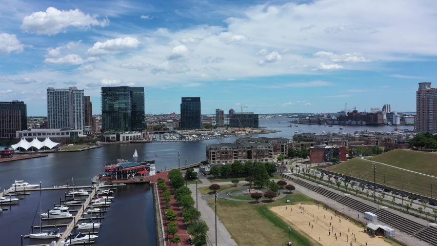 Aerial panoramic view of Baltimore City Inner Harbor with buildings, fells point, little italy. | Shutterstock HD Video #1093104067