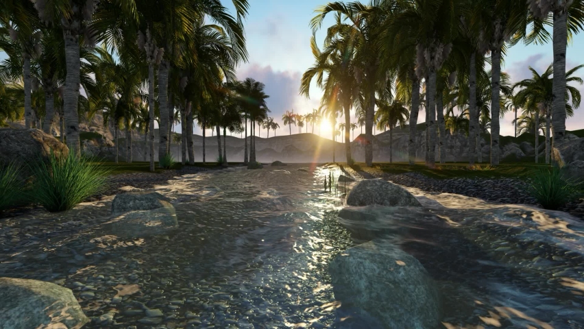 3D Rendering Peaceful Nature Palm Forest, Lakes and Cloudy Sky Sunset Panorama (Model 2) | Shutterstock HD Video #1093105599