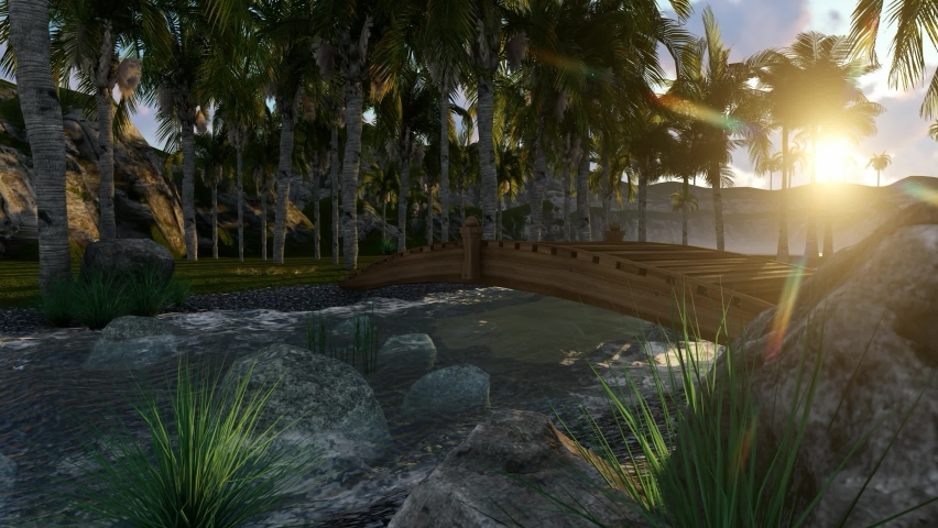 3D Rendering Peaceful Nature Palm Forest, Lakes and Cloudy Sky Sunset Panorama (Model 3) | Shutterstock HD Video #1093105601