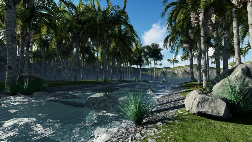 3D Rendering Peaceful Nature Palm Forest, Lakes and Cloudy Sky Sunset Panorama (Model 1) | Shutterstock HD Video #1093105603