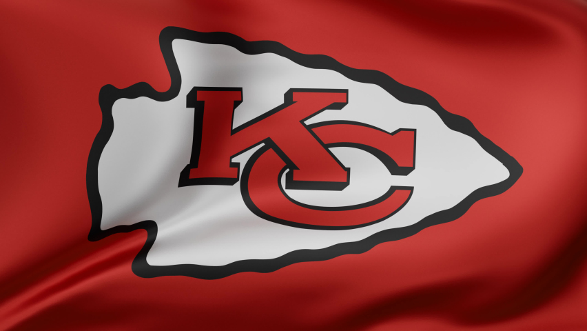 JULY 8, 2022: 3D illustration of Kansas City Chiefs football NFL club flag banner background waving in the wind. Looped video background