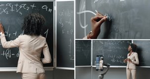 Collage of female professor writing on blackboard with chalk at school classroom. Female recording video lesson on smartphone teaching matematics. Pretty young teacher at workplace. Job concept