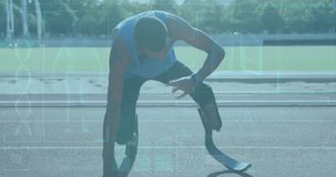 Animation of data on digital screen over african american man with running blade stretching. Sport, active lifestyle with disability and data processing concept digitally generated video.