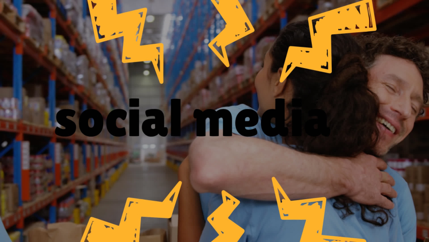 Animation of socila media and flashes over happy diverse female and male warehouse workers hugging. Business, online shopping and delivery services concept digitally generated video.