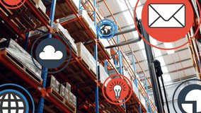 Animation of tech icons floating over warehouse. Business, online shopping and delivery services concept digitally generated video.