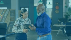 Animation of globe and data over diverse woman and man working together in office. Business, cooperation and technology concept digitally generated video.
