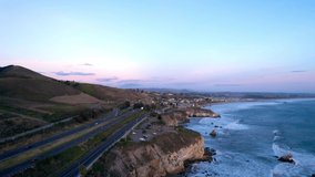 Aerial Video Along the Pacific Coast Highway Toward Pismo Beach at Dusk