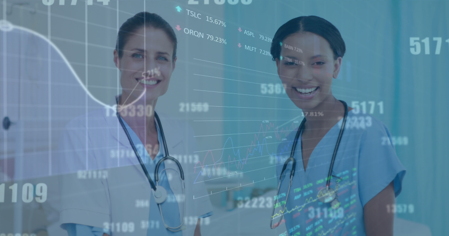 Stock market data processing over diverse female doctor and health worker discussing at hospital. Medical healthcare and technology concept | Shutterstock HD Video #1093130417