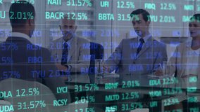 Stock market data processing over group of diverse businesspeople discussing together at office. Global economy and business technology concept - Powered by Shutterstock - Get 15% off with code: PIKWIZARD15