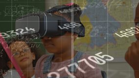 Mathematical equations floating against african american girl wearing vr headset in class at school. School and education technology concept - Powered by Shutterstock - Get 15% off with code: PIKWIZARD15