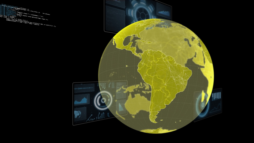 Animation of digital yellow globe over moving programming codes and infographic screens. Digitally generated, hologram, database, computer network, innovation, futuristic and technology concept. | Shutterstock HD Video #1093131625