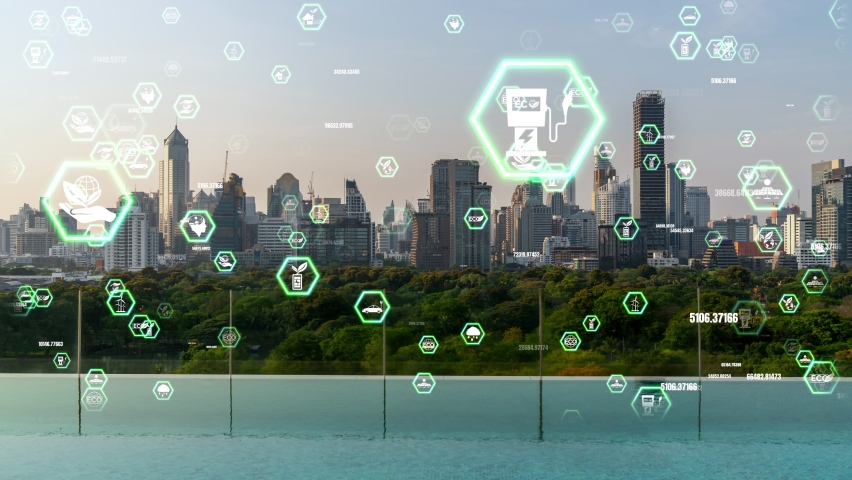 Green city technology shifting towards sustainable alteration concept by clean energy , recycling and zero waste management to reduce pollution generation and achieve ESG goals . | Shutterstock HD Video #1093132969