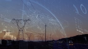 Animation of financial data processing, globe against electricity pylons. Digital composite, global communication, development, technology, electricity, fuel and power generation. - Powered by Shutterstock - Get 15% off with code: PIKWIZARD15
