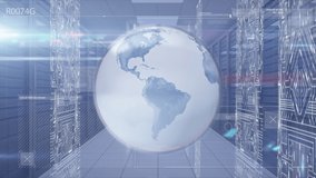 Animation of digital rotating globe and electronic circuit board patterns against server room. Digital composite, multiple exposure, hologram, connection, global network, data center, networking. - Powered by Shutterstock - Get 15% off with code: PIKWIZARD15